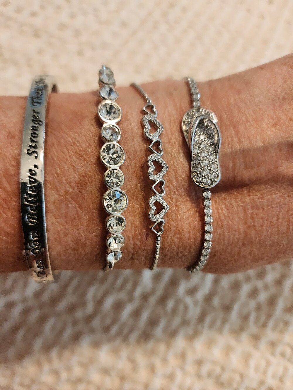 Lot Of 4 Silver-Tone Bracelets 3 Bolo Style 1 Inspirational Cuff Flipflop Bling